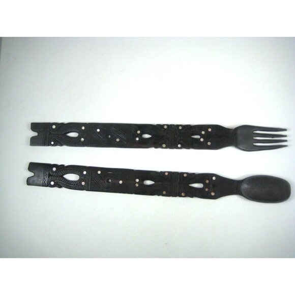 Carved Wooden Fork Spoon Salad Serving Set Tribal Home Kitchen Decor Inlay - Picture 5 of 12